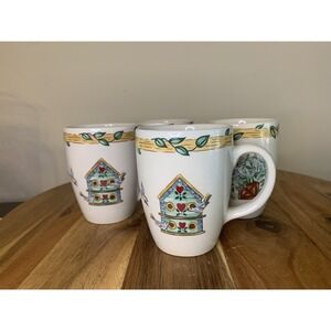 4 Thomson Pottery Coffee Mugs Birdhouse Garden Tea Cups Cottage  Hot Choc EUC